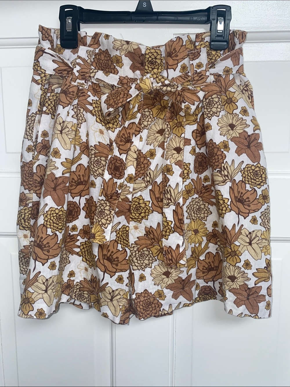 Linen Floral Shorts, Brown, White & Cream Floral High Waisted Shorts
